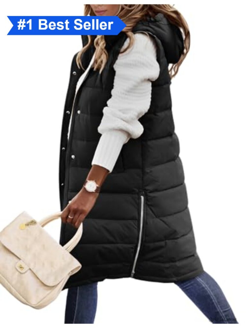 Long Puffer Vest Quilted Hooded Zip Up Sleeveless Winter Coat